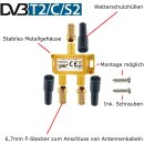 Sat Splitter 2-Fach + F-Stecker + Wetterschutz Kappe vergoldet