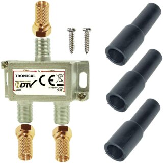 Sat Splitter 2-Fach + Wetterschutz + F-Stecker TV Verteiler mit DC-Durchlass Weiche