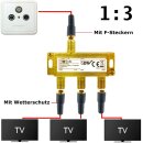 Sat Splitter 3-Fach HD digital Antennenverteiler TV Verteiler + F-Stecker Adapter mit Wetterschutz DC-Durchlass