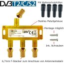 Sat Splitter 3-Fach HD digital Antennenverteiler TV Verteiler + F-Stecker Adapter mit Wetterschutz DC-Durchlass