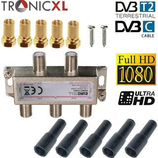 4-fach Antennenverteiler + Wetterschutz + F-Stecker BK SAT Splitter Verteilter HDTV