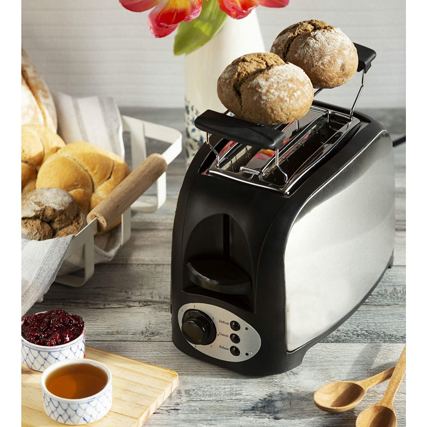 Toaster mit Brötchenaufsatz Edelstahl Schwarz Auftau und Aufback Funk, 20,41 Toaster mit Brötchenaufsatz Edelstahl Schwarz Auftau und Aufback Funk, 20,41