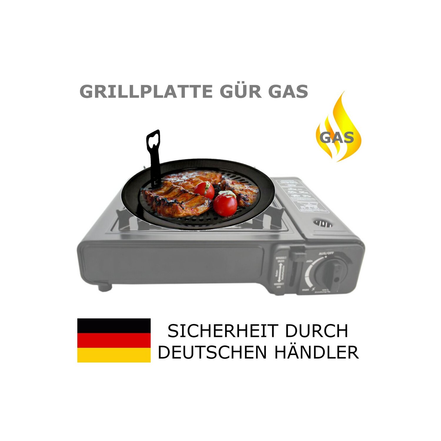 Gaskocher campingkocher mit Piezozündung + Grill BBQ + 4 Butan Kartus