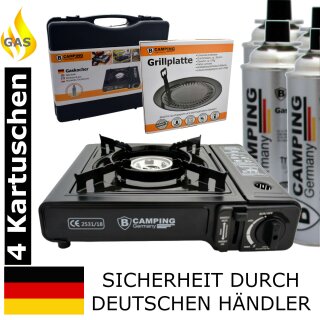 Gaskocher campingkocher mit Piezozündung + Grill BBQ + 4 Butan Kartuschen Gas