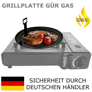 Gaskocher campingkocher mit Piezozündung + Grill BBQ + 4 Butan Kartuschen Gas