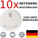 10 Stück Rauchmelder Feuer Detektor 230V Netzbetrieb vernetzt Kabel + Backupbatterie