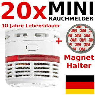 20 Stück Mini Rauchmelder Feuermelder + Magnethalterung 10 Jahre Batterie Jahres