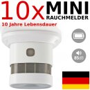10 Stück Profi Rauchmelder 10 Jahres Batterie Mini ohne Schrauben Set