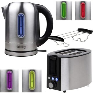 Toaster Wasserkocher Set mit Temperaturwahl LED Beleuchtung Edelstahl