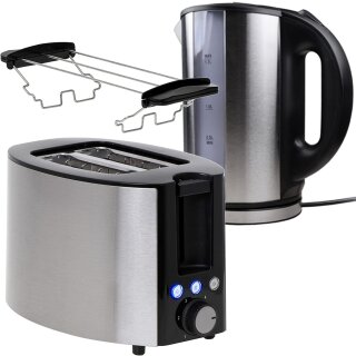 Toaster 1000W mit Brötchen-Aufsatz + Wasserkocher Edelstahl silber schwarz Frühstück-Set