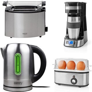 1 Tassen Kaffeemaschine + Wasserkocher + Toaster + Eierkocher + Thermobecher Edelstahl Set