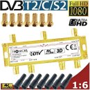 6fach Sat Verteiler + F-Stecker + Wetterschutz TV Kabel...