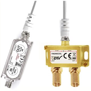 2-Fach Antennenverteiler Splitter mit Sat Verstärker digital HD Satellit