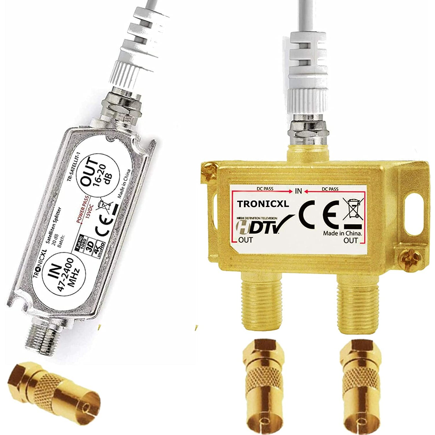 2-Fach Antennenverteiler Splitter mit Sat Verstärker digital HD Satel ...