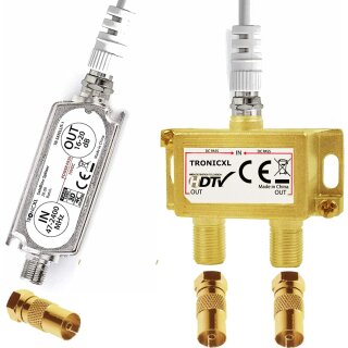 2-Fach Antennenverteiler Splitter mit Sat Verstärker digital HD Satellit TV