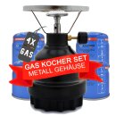 Metall Gaskocher Campingkocher + 4 x Kartusche Set Camping Kocher Gasflasche Butan Gas mobil