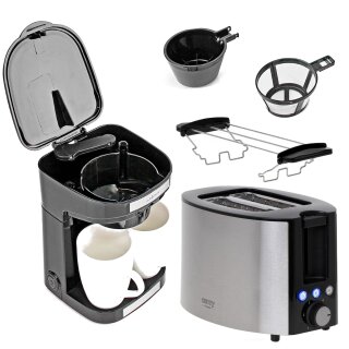 Kaffeemaschine + Toaster + Dauerfilter + 2 Tassen Frühstücksset schwarz