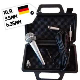 Mikrofon dynamisch XLR 3,5mm 6,35mm + Koffer + Kabel Set silber Gesang