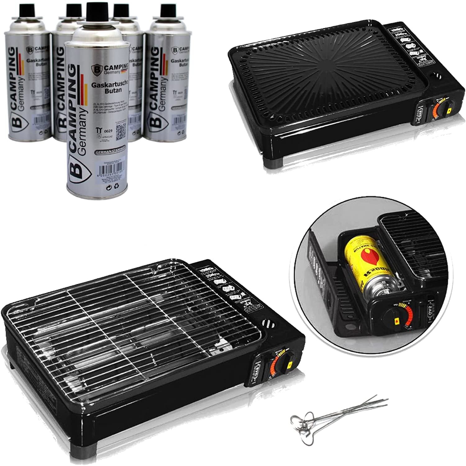 Camping Gasgrill tragbar + 5x Gas Kartusche Kartuschen Set I Gaskoche, 59,90