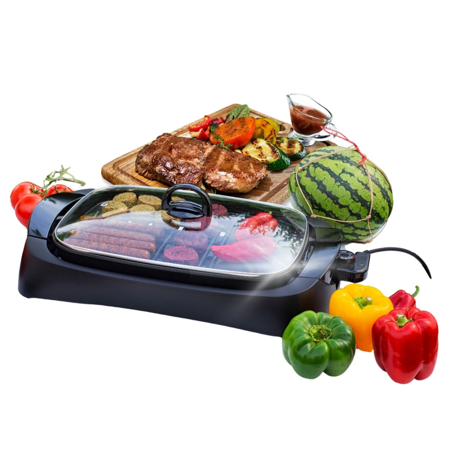 Elektro Tischgrill Grill mit Glas Deckel mit großer Grillfläche 2 Zon, 49,90 €