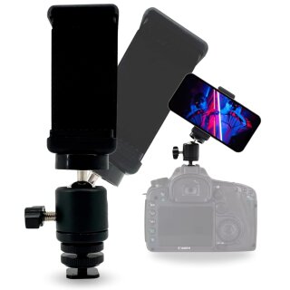 Smartphone Halterung mit Kugelkopf für Blitzschuh für Kamera Befestigung Handy kompatibel mit iPhone Handyhalterung Stativ Adapter ColdShoe Kaltschuh Mount und 1/4 Zoll Gewinde