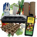 Wurzeldünger Gemüsedünger + Zimmergewächshaus Set Anzuchtkasten Anzucht Set Starter + Pflanztöpfe + Werkzeug + Handschuhe für Samen Steckling Anzuchttöpfe Garten Zubehör Mini Gewächshaus