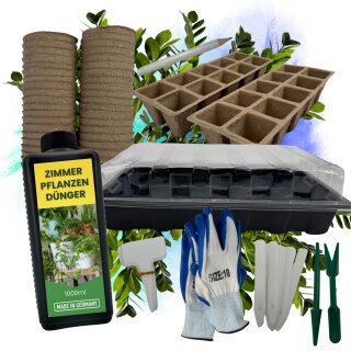 Zimmerpflanzendünger Dünger + Zimmergewächshaus Set Anzuchtkasten Anzucht Set Starter + Pflanztöpfe + Werkzeug + Handschuhe für Samen Steckling Anzuchttöpfe Garten Zubehör Mini Gewächshaus