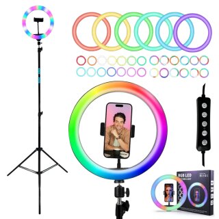 RGB LED Ringlicht mit 210cm Stativ groß + Ring Light mit Smartphone Halterung Tripod Beauty Licht Kamerastativ Handy Halter I für TikTok YouTube Streaming Smartphone LiveStream Foto Video