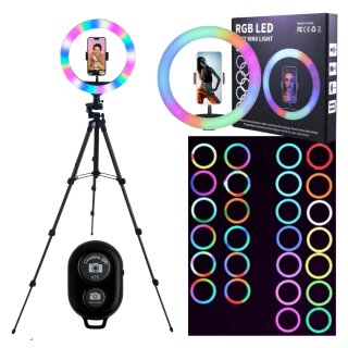 RGB Ringlicht 1,05m Premium Stativ + Selbstauslöser für iPhone Smartphone Kamerastativ Tripod mit Ringleuchte Ringlampe Handy Halterung für Foto Video