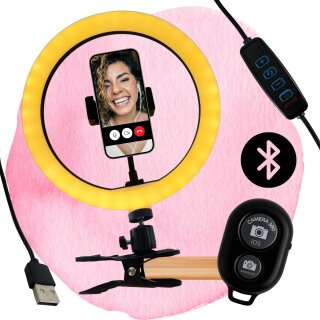 Ringlicht + Klemmhalterung + Selbstauslöser Bluetooth I Für Influencer Kit Selfie Klemmstativ Tisch LED Handyhalterung kompatibel mit Apple iPhone Samsung Xiaomi