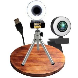 Autofokus Webcam mit Ringlicht Lampe + Stativ Full HD 1920x1080p I 2 Mikrofone Stereo I Geräuschunterdrückung für Computer PC