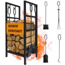 Kaminholzständer Feuerholz Regal Kaminholzregal Metall Holzlager Kaminbesteck Set 4-teilig