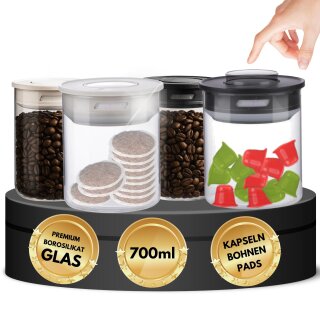 Vakuum 4x Kaffeedose Teedose Vorratsdose - Vorratsbehälter Vakuumdose mit Aroma-Deckel Luftdicht für Kaffeebohnen Kaffeepad Kaffeekapseln kompatibel mit Nespresso Dolce Gusto Senseo Tchibo