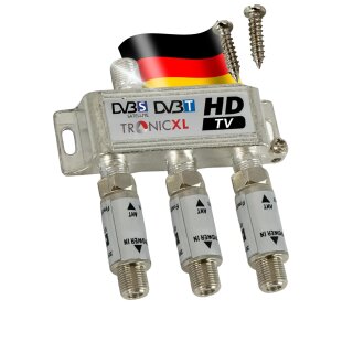 3-fach Sat Splitter 60dB Verstärker I Antennenverteiler Weiche DVB-S2 DVB-T2 Weiche mit Antennenverstärker für 3D 4K HDTV