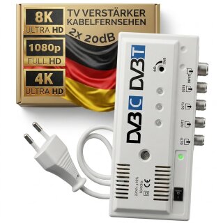 4-fach CATV Verstärker Kabelfernsehen TV Signalverstärker passend für Vodafone PYUR 1&1 Netcologne EWE Kabel DVBC & DVB-T Antennenverstärker