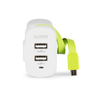 Ladegerät 3-Ausgänge 3 A 2x USB / Micro USB Weiss/Grün