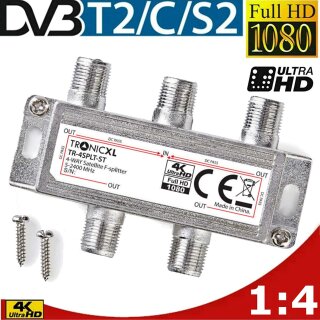 DVBT DVBC DVBS Sat F-Splitter 4-fach Antennenverteiler Weiche Kabelfernsehen