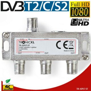 3fach F-Stecker Antennenverteiler DC-Durchlass TV Kabel Kabelfernsehen DVBC DVB-T2 zb für Unitymedia Vodafpne Splitter