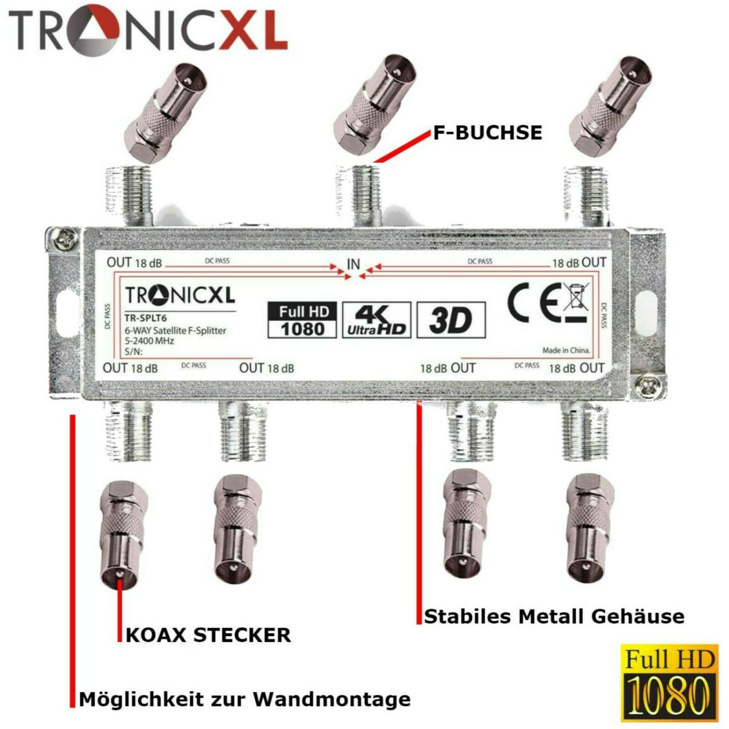 TronicXL 8-voudige premium coax antenneverdeler HD 3D 4K verdeler zachte splitter DVBT DVBT2 DVBC SAT Unicable kabeltelevisie kabel 8-voudige HDTV TronicXL 8-voudige premium coax antenneverdeler HD 3D 4K verdeler zachte splitter DVBT DVBT2 DVBC SAT Unicable kabeltelevisie kabel 8-voudige HDTV