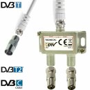IEC Verteiler Antennenverteiler 2fach + Kabel + Adapter Kabelfernsehen DVB-T2 DVBC Koax Sat Splitter