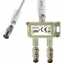 IEC Verteiler Antennenverteiler 2fach + Kabel + Adapter Kabelfernsehen DVB-T2 DVBC Koax Sat Splitter